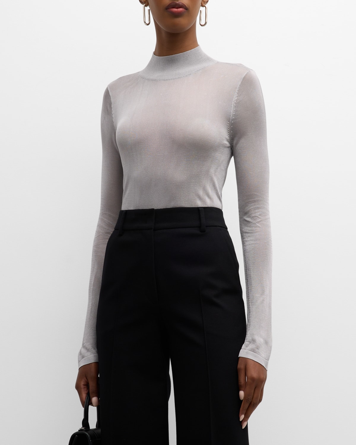 Milly Sheer Mock-neck Pullover In Silver
