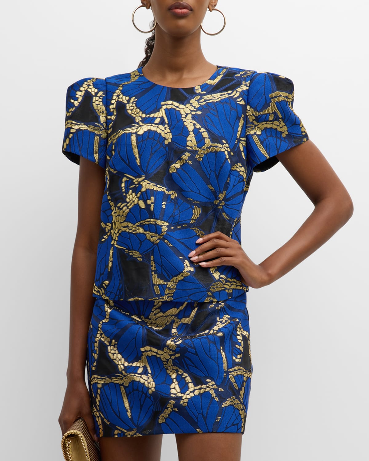 Milly Puff-sleeve Metallic Butterfly Jacquard Top In Blue Multi
