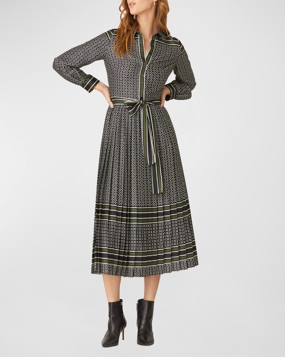 SHOSHANNA BRIGHTON PLEATED GEO-PRINT A-LINE MIDI DRESS