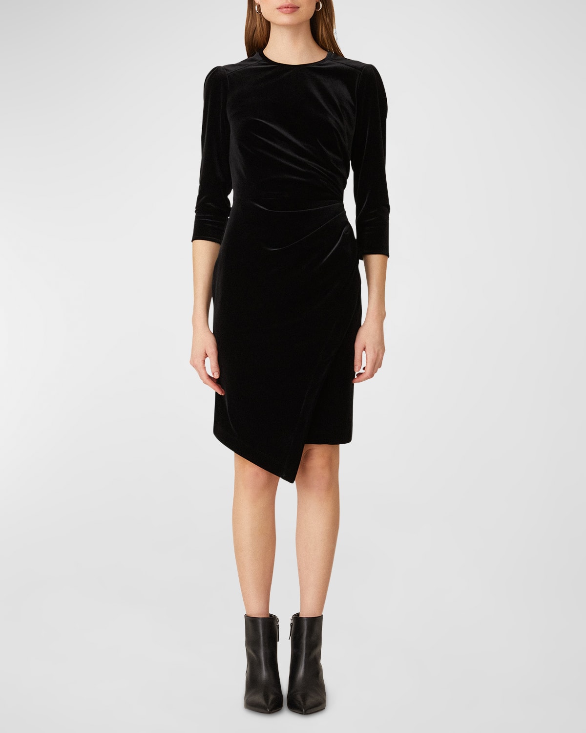 Shoshanna Ralph Pleated 3/4-sleeve Velvet Dress In Jet