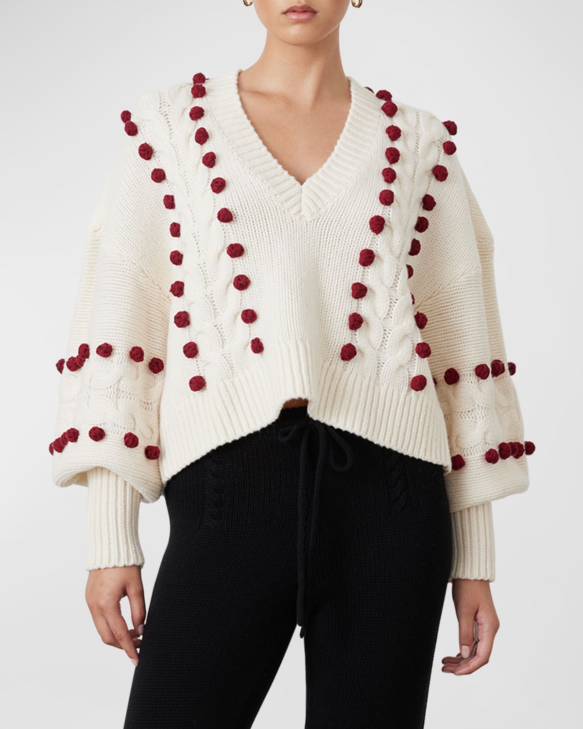 JOSLIN Elsa Cable-Knit Blouson-Sleeve Pompom Sweater
