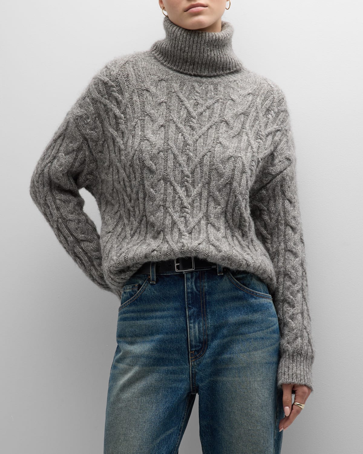 Shop Nili Lotan Cable-knit Cashmere Turtleneck Sweater In Grey Melange