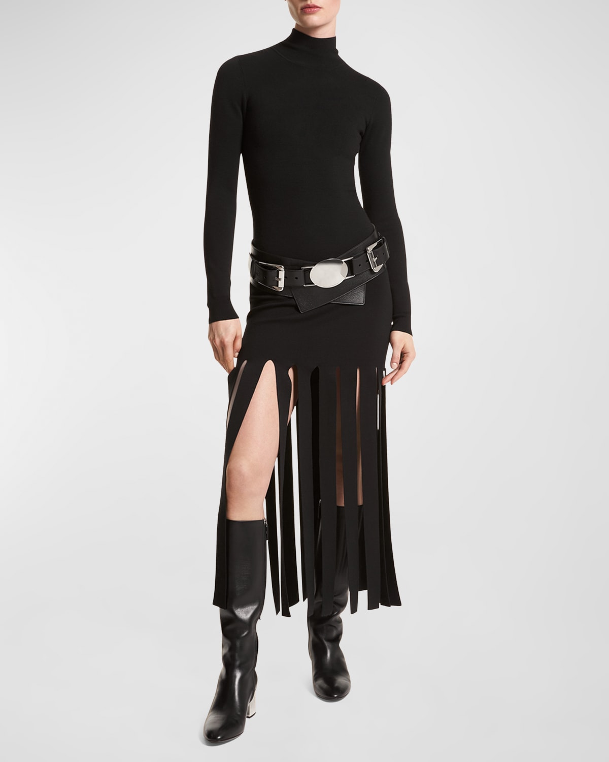 Michael Kors Turtleneck Streamer-hem Knit Midi Dress In Black