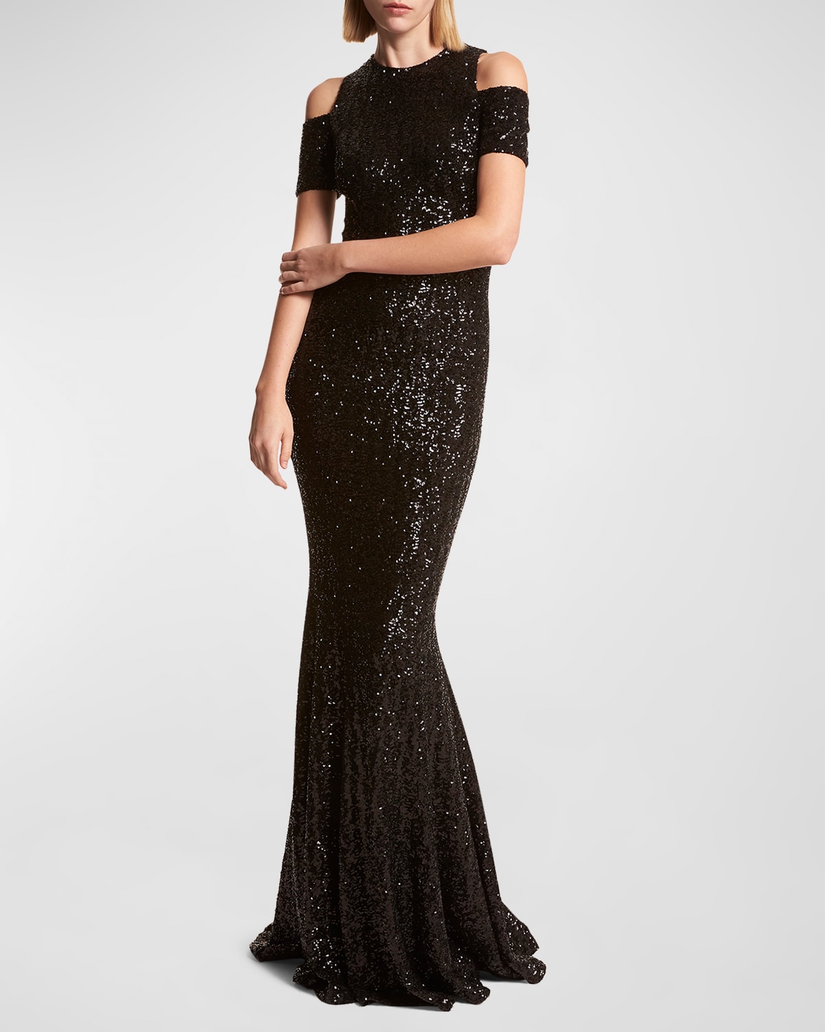 Shop Michael Kors Cold-shoulder Fishtail Paillette Gown In Black