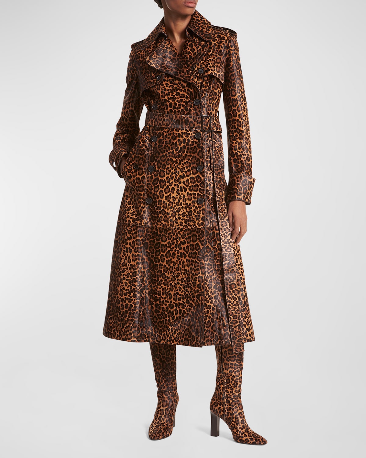 MICHAEL KORS LEOPARD-PRINT COWHIDE BELTED LONG TRENCH COAT