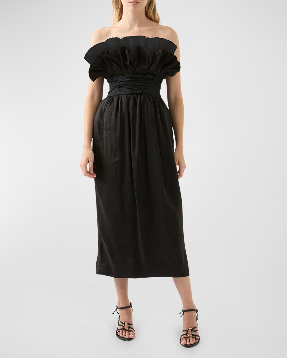 Shop Aje Whisper Knotted-waist Strapless Midi Dress In Black