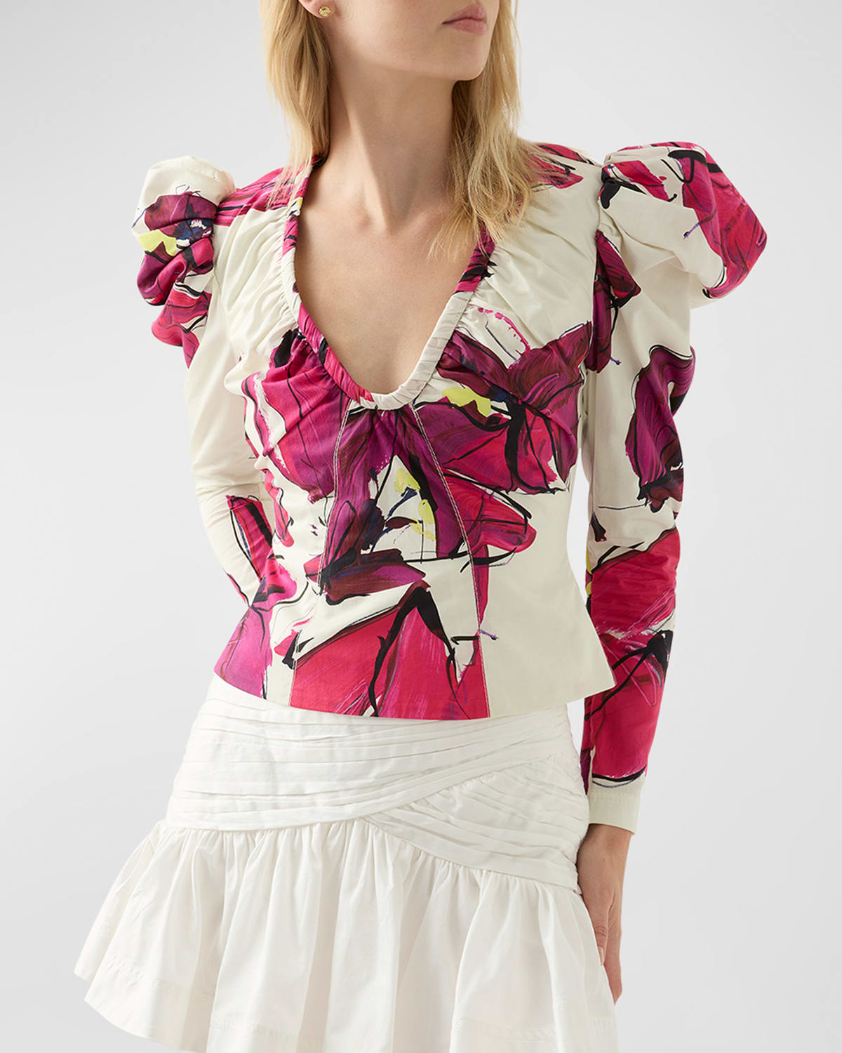 Aje Whimsical Plunge Floral Cotton Poplin Top In Falling Florals