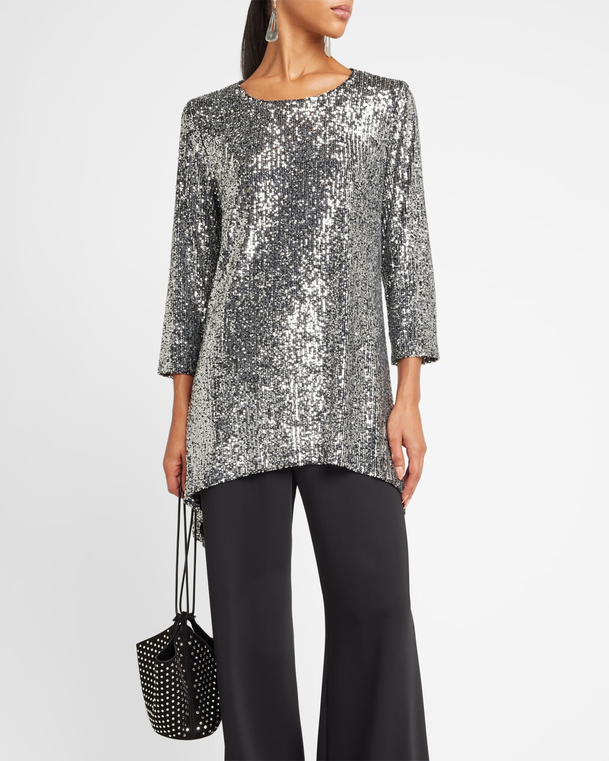 Caroline Rose 3/4-sleeve Sequin Sidefall Tunic In Silverblack