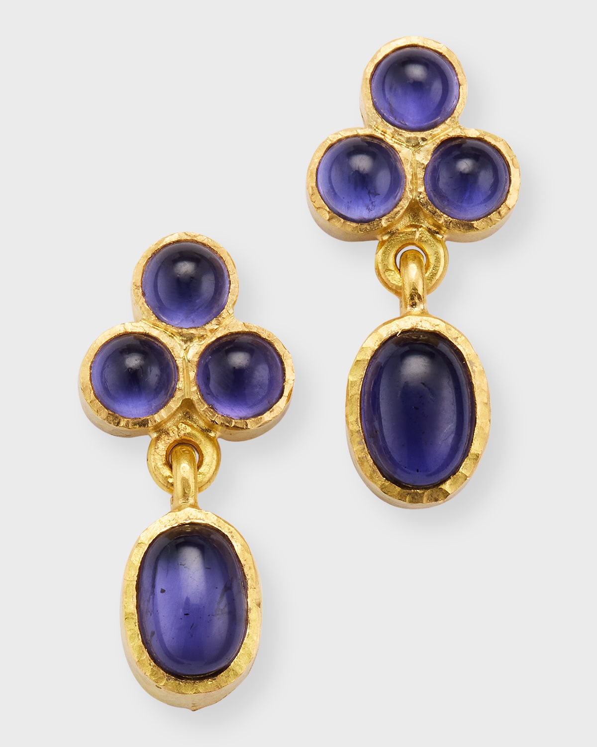 Elizabeth Locke 19k Cabochon Iolite Triad Earrings With Swinging Drop In Gold
