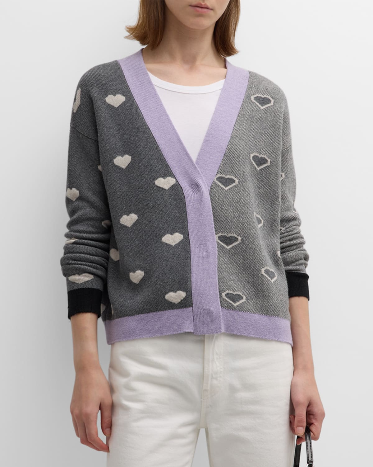 Lisa Todd Seeing Double Heart Intarsia Cardigan In Char Platinum
