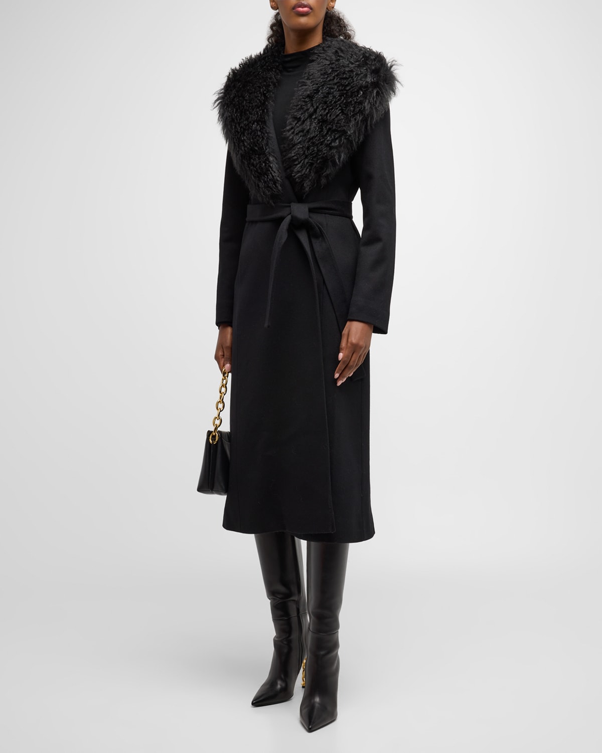 Fleurette Skylar Belted Wool Wrap Coat With Mohair Blend Trim In Black