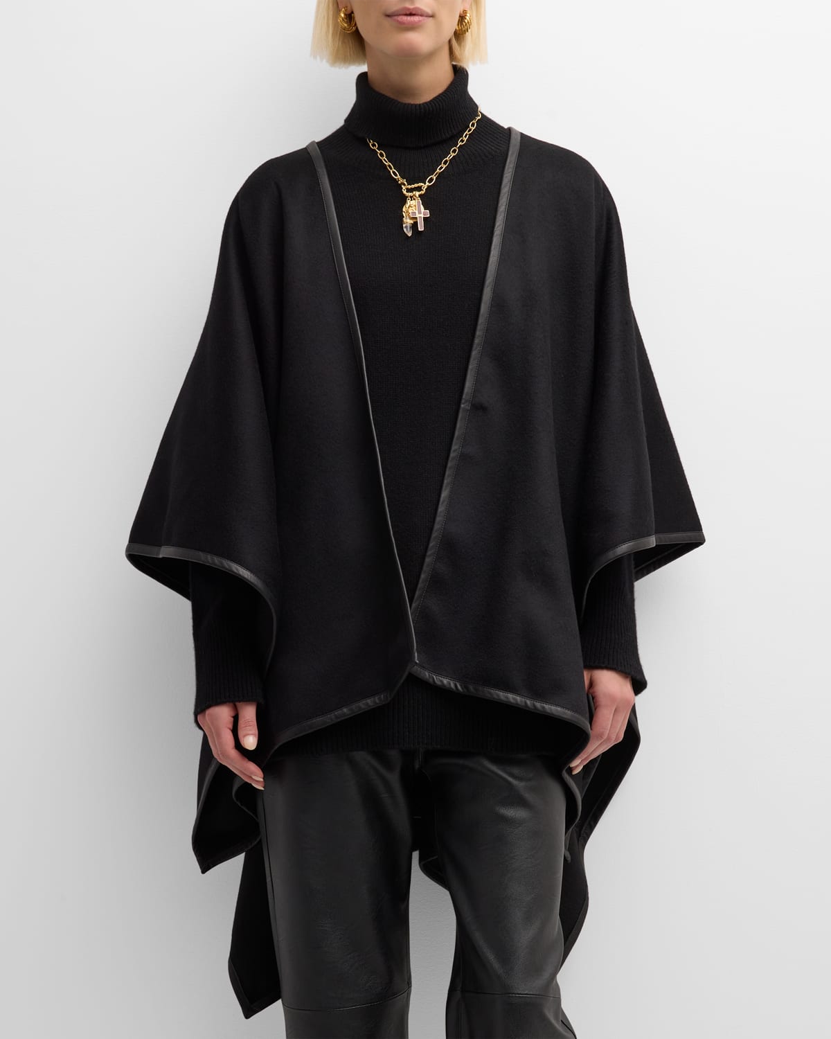 Sofia Cashmere Women's Reversible Leather-trimmed Cashmere Cape In Black