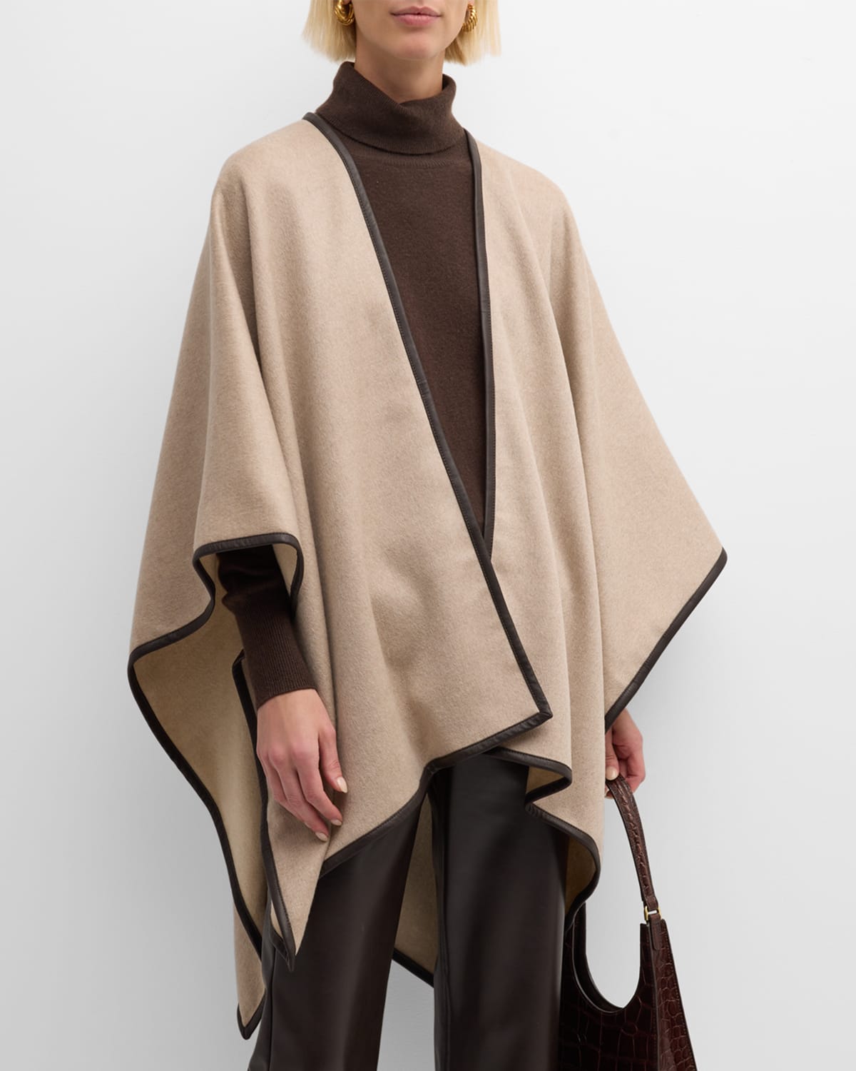 Sofia Cashmere Women's Reversible Leather-trimmed Cashmere Cape In Oat Grey