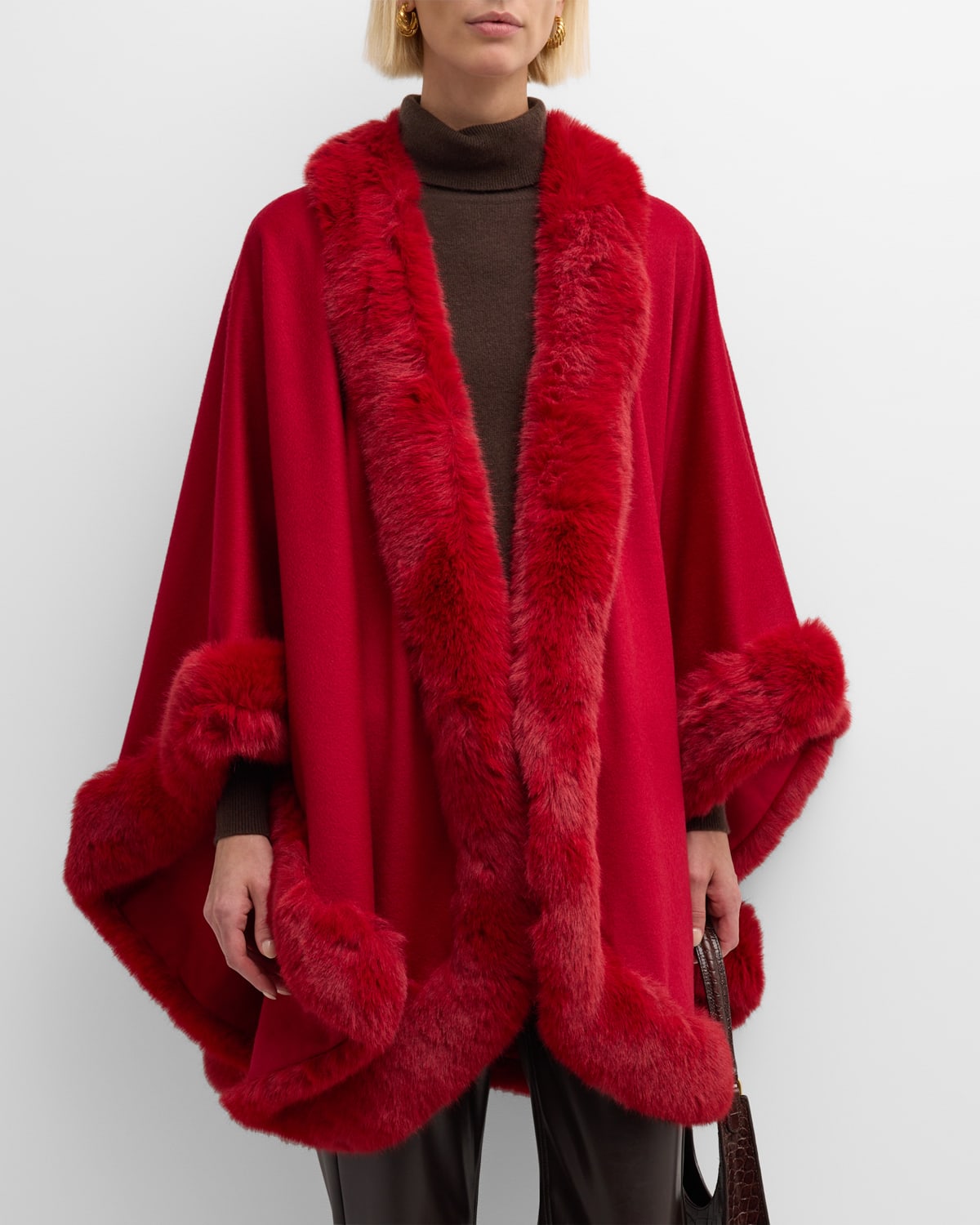 Sofia Cashmere Cashmere Cape With Faux Fur Trim In Deep Red