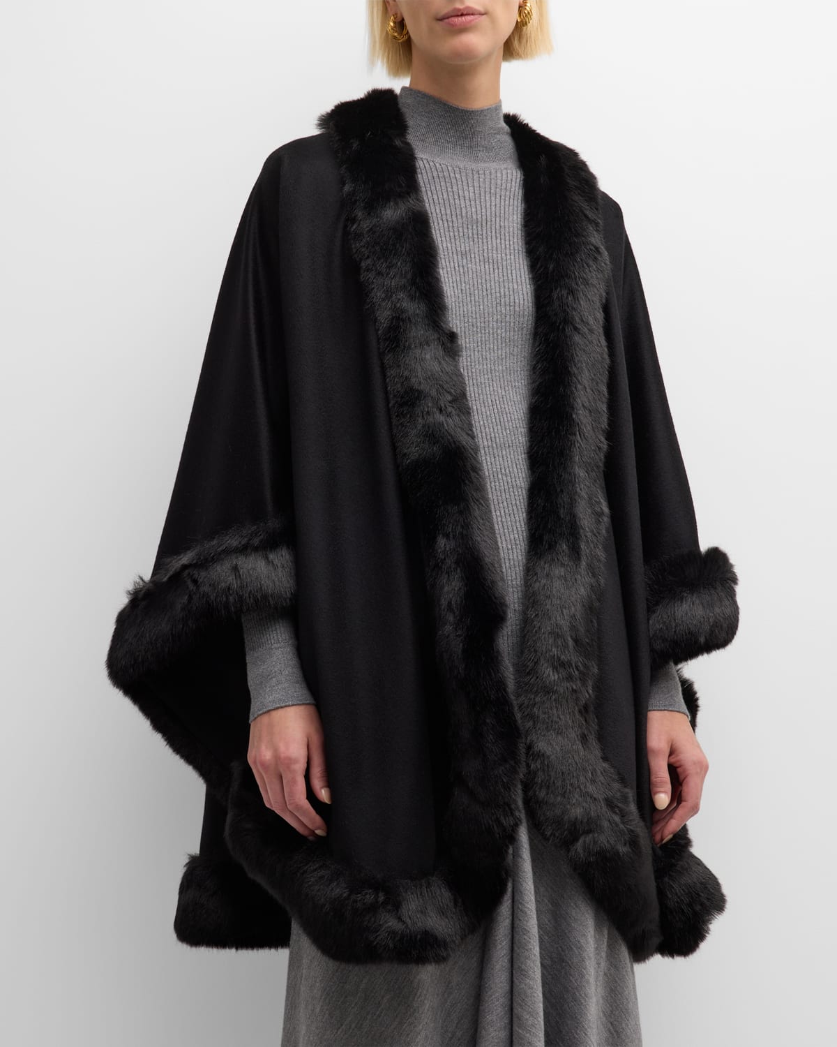 Shop Sofia Cashmere Faux Fur Trim Cashmere Cape In Black