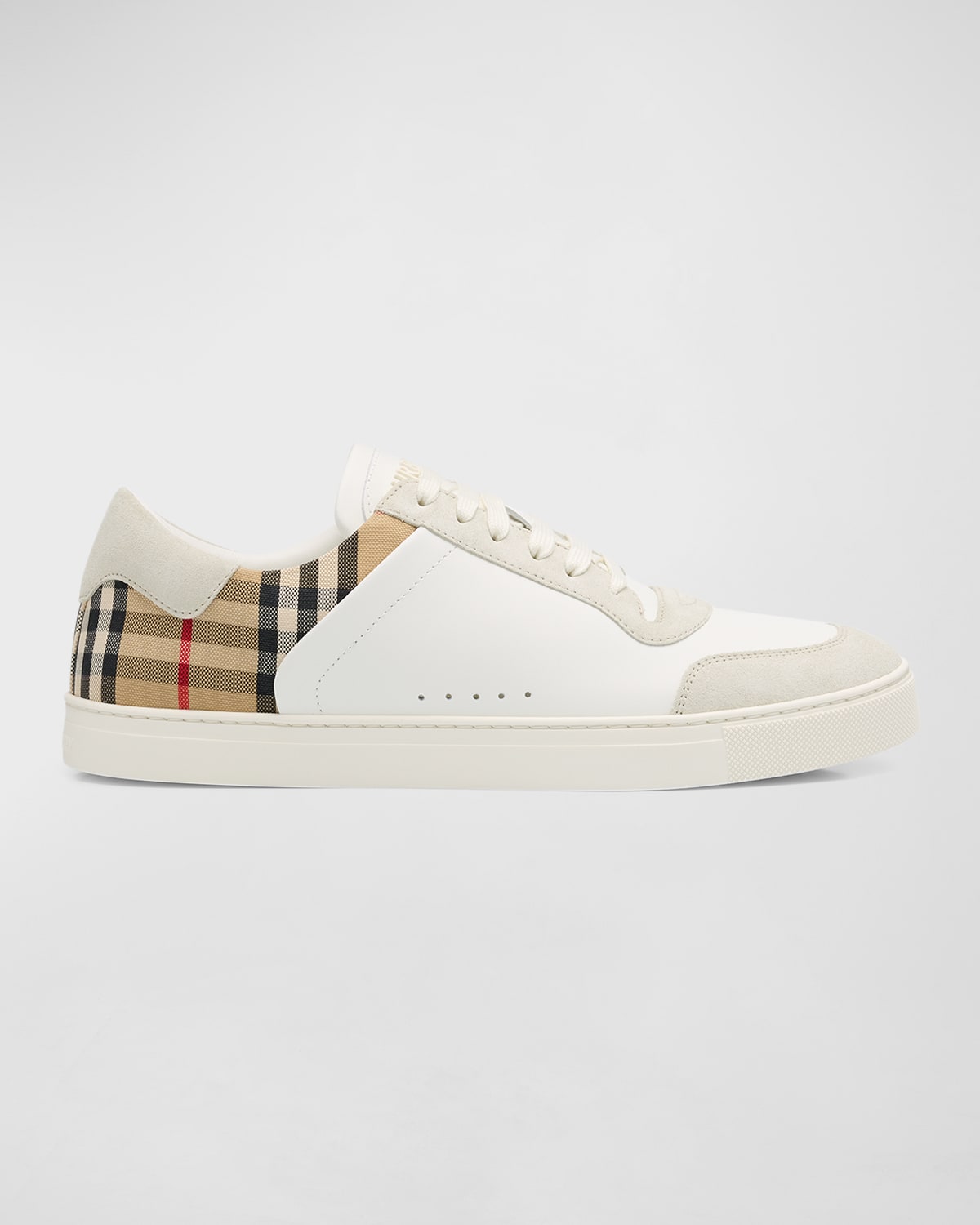 Shop Burberry Men's Leather-suede Check Sneakers In Neutral White