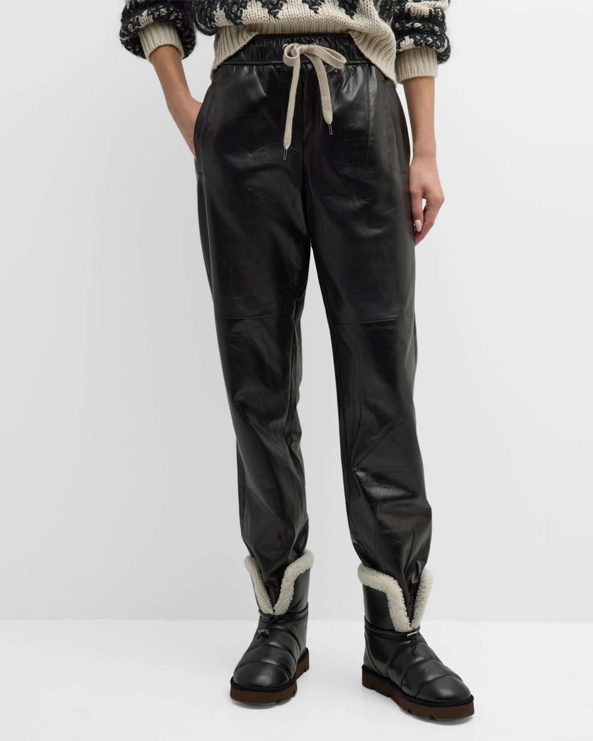 Shop Brunello Cucinelli Glossy Napa Leather Track Pants With Elasticated Waist In C101 Black