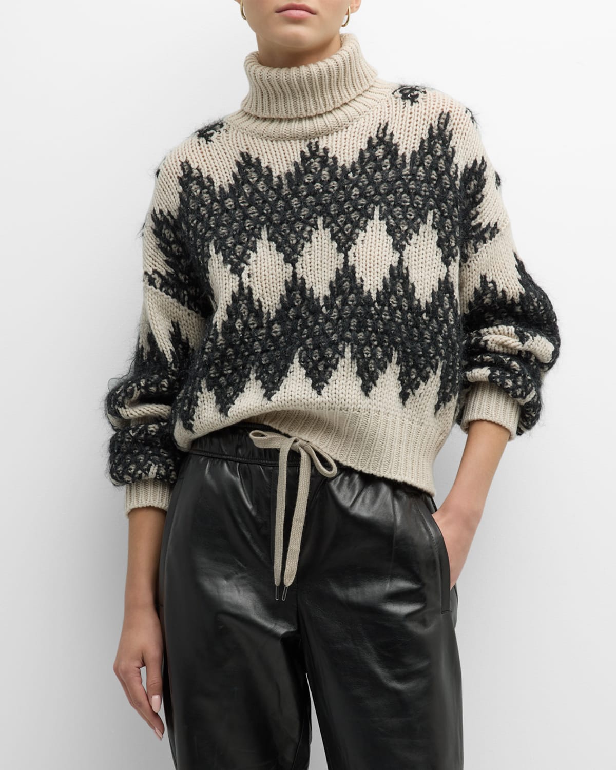 Shop Brunello Cucinelli Cashmere Lace-effect Winter Jacquard Knit Turtleneck In Ccq19 Beige Black