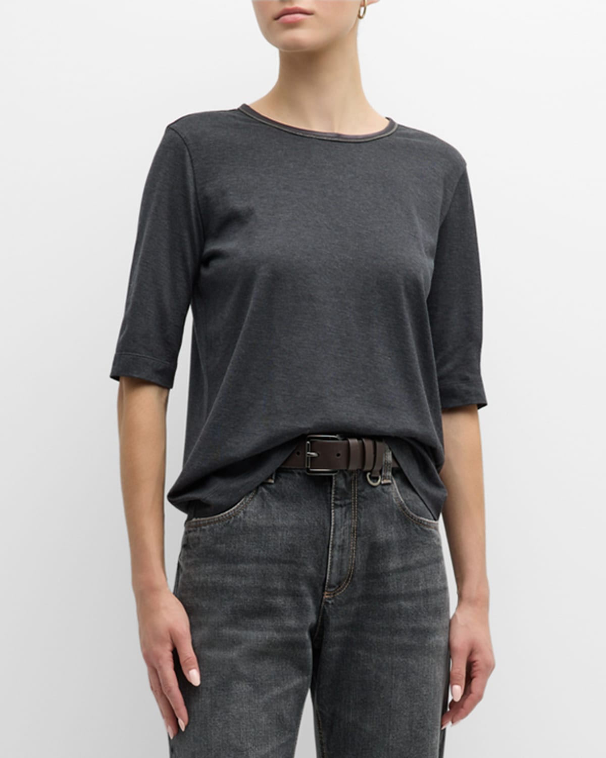 Brunello Cucinelli Jersey Short-sleeve Top With Satin Trim In Gray