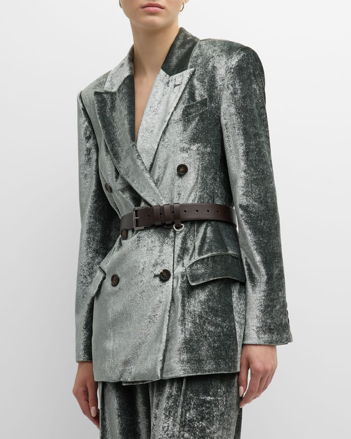 Brunello Cucinelli Shiny Velvet Doble-breasted Blazer Jacket In C043 Grey