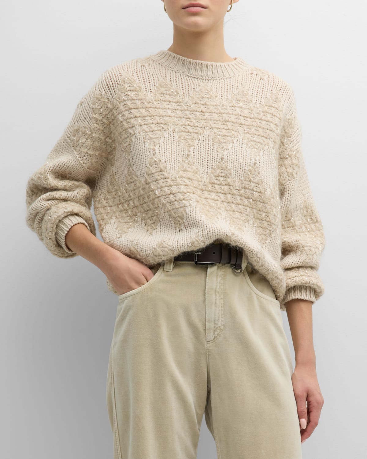 Brunello Cucinelli Lace Effect Winter Jacquard Wool Cashmere Sweater In Neutral