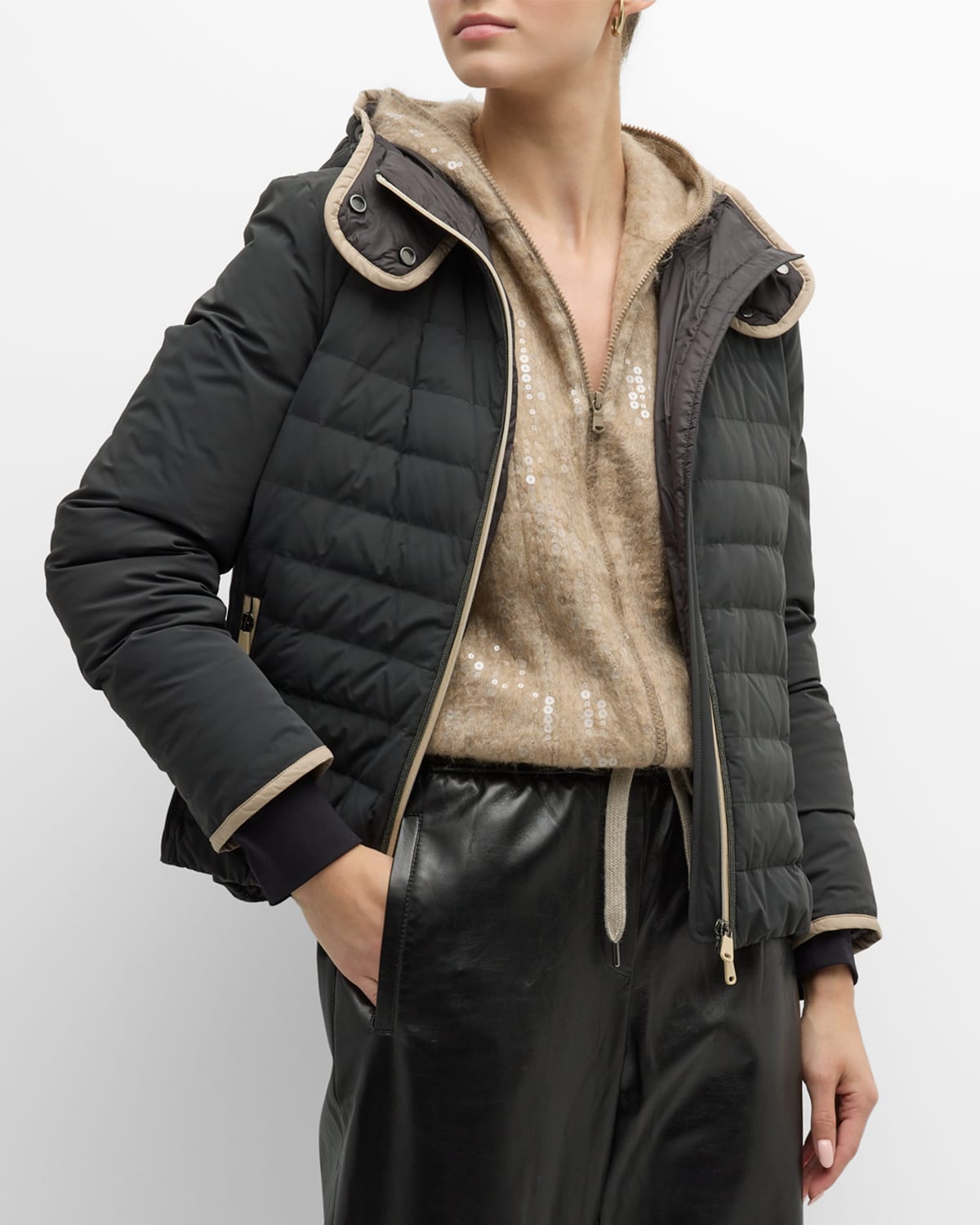 Brunello Cucinelli Performing Nylon Lightweight Padded Hooded Jacket In C7631 Charcoal