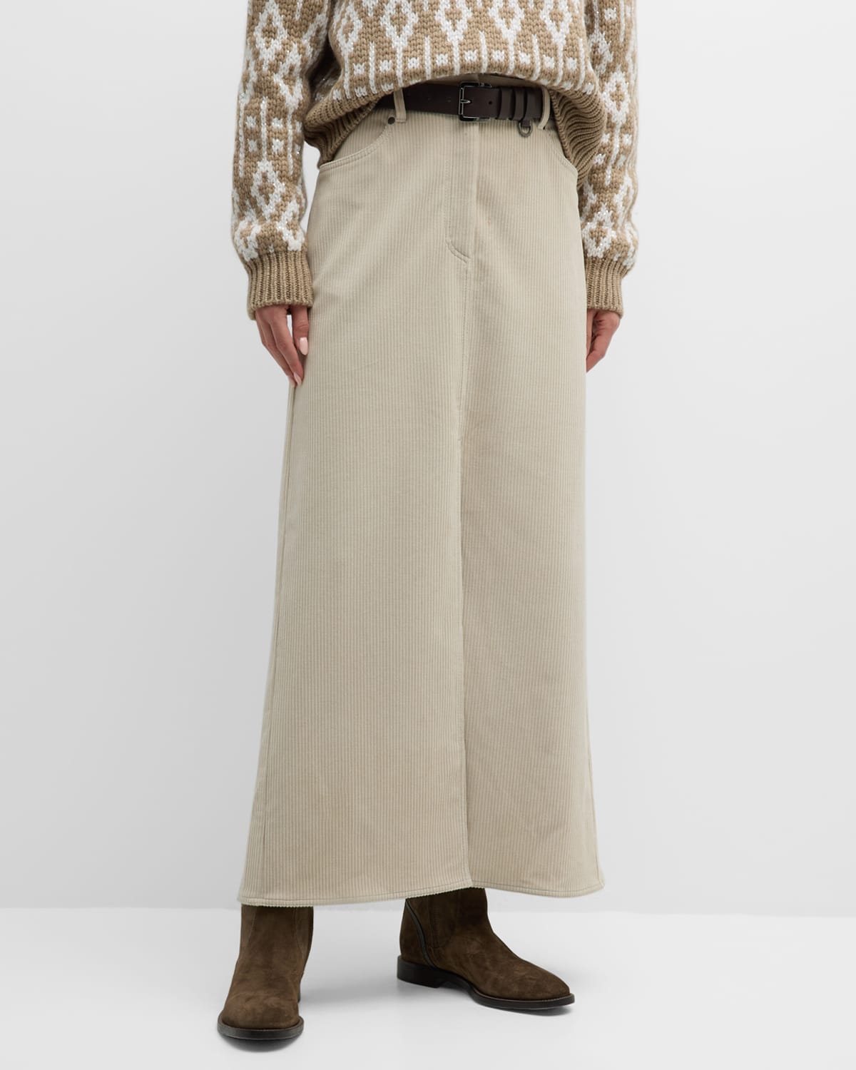 Brunello Cucinelli 5-pocket Slit-hem Cotton Corduroy Midi Skirt In C2976 Latte