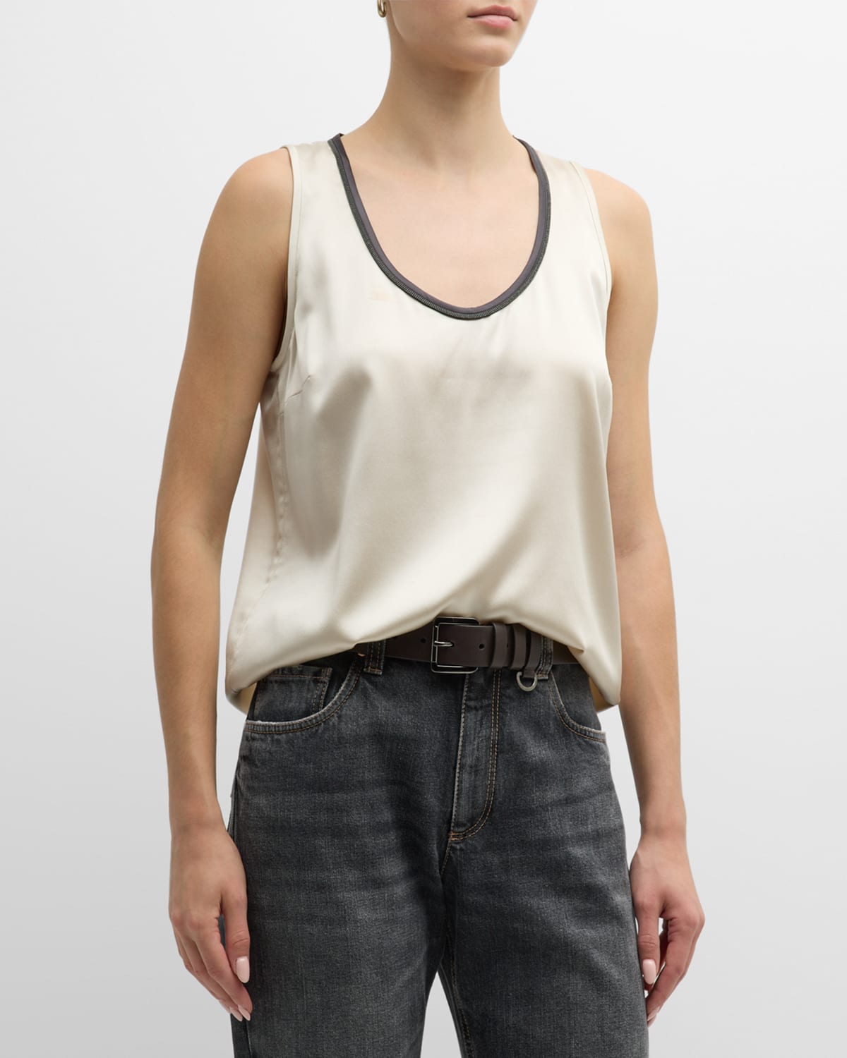 Brunello Cucinelli Monili-trim Stretch Satin Scoop-neck Tank Top In Chi40 Ivory