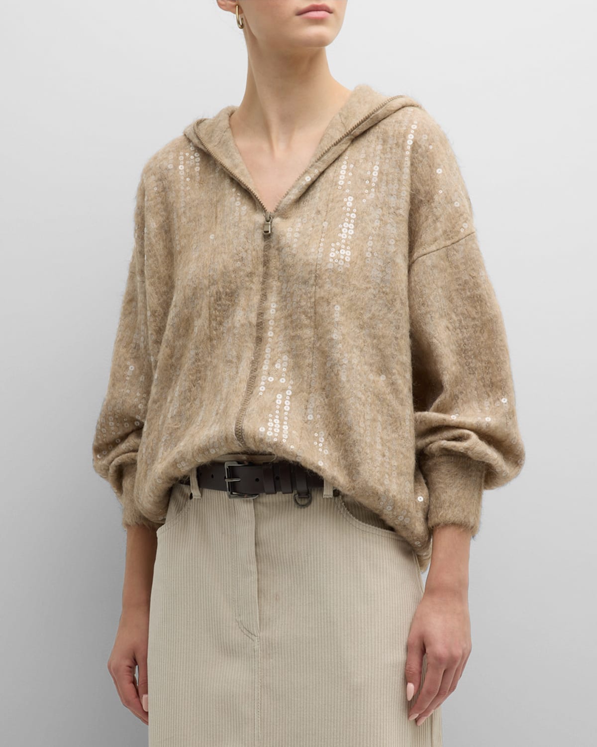 Shop Brunello Cucinelli Waterfall Sequined Cashmere Mohair Zip-up Cardigan In Clq41 Brown
