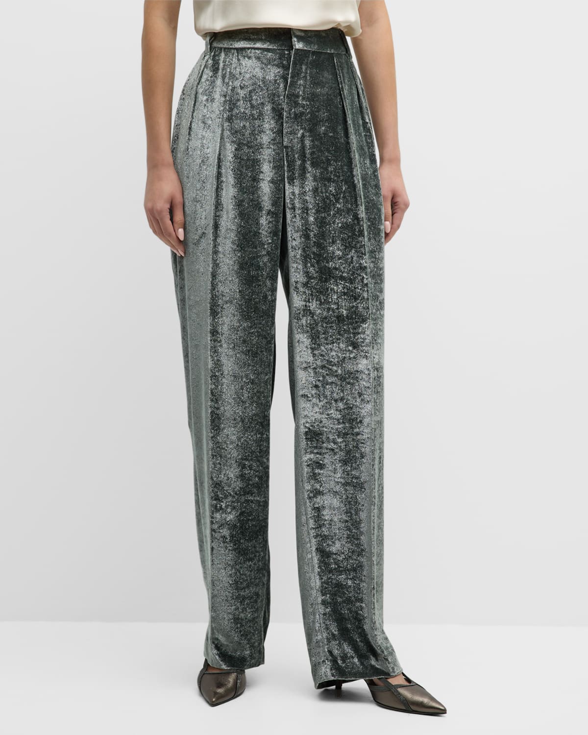 Shop Brunello Cucinelli Pleated Shiny Velvet Fluid Wide-leg Trousers In Gray