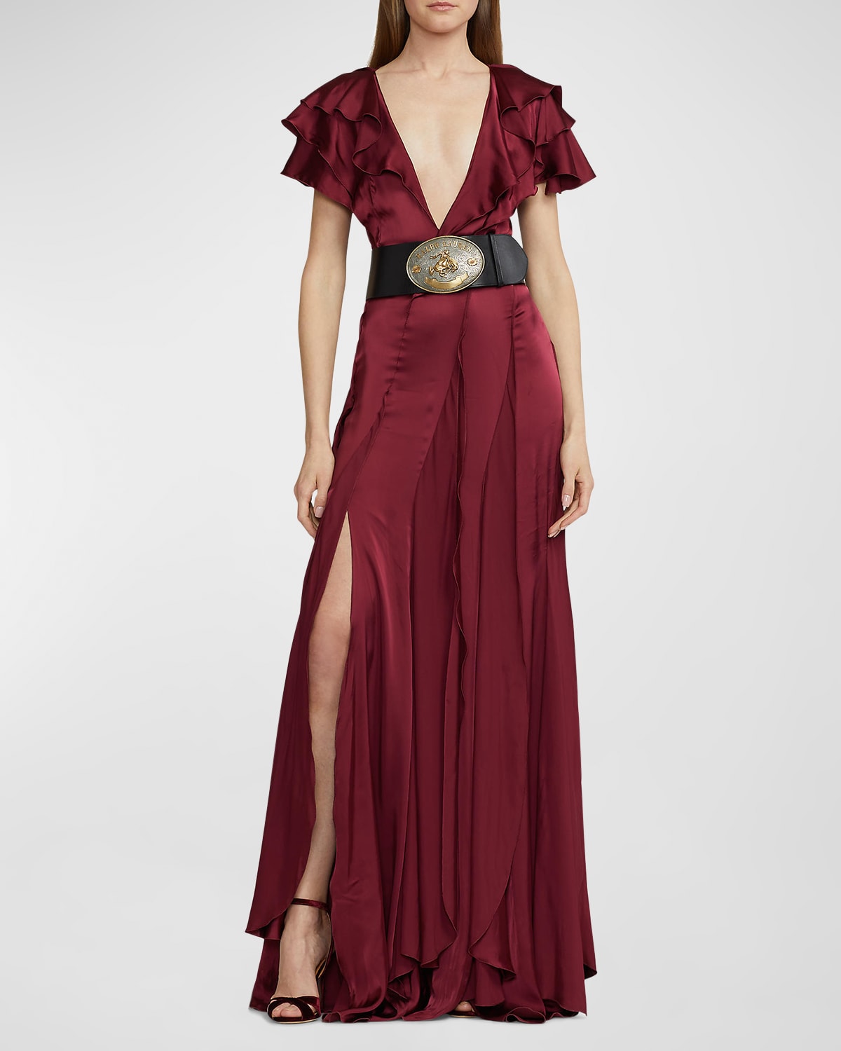 Josef Cascading Ruffle Flutter-Sleeve Side-Slit Gown