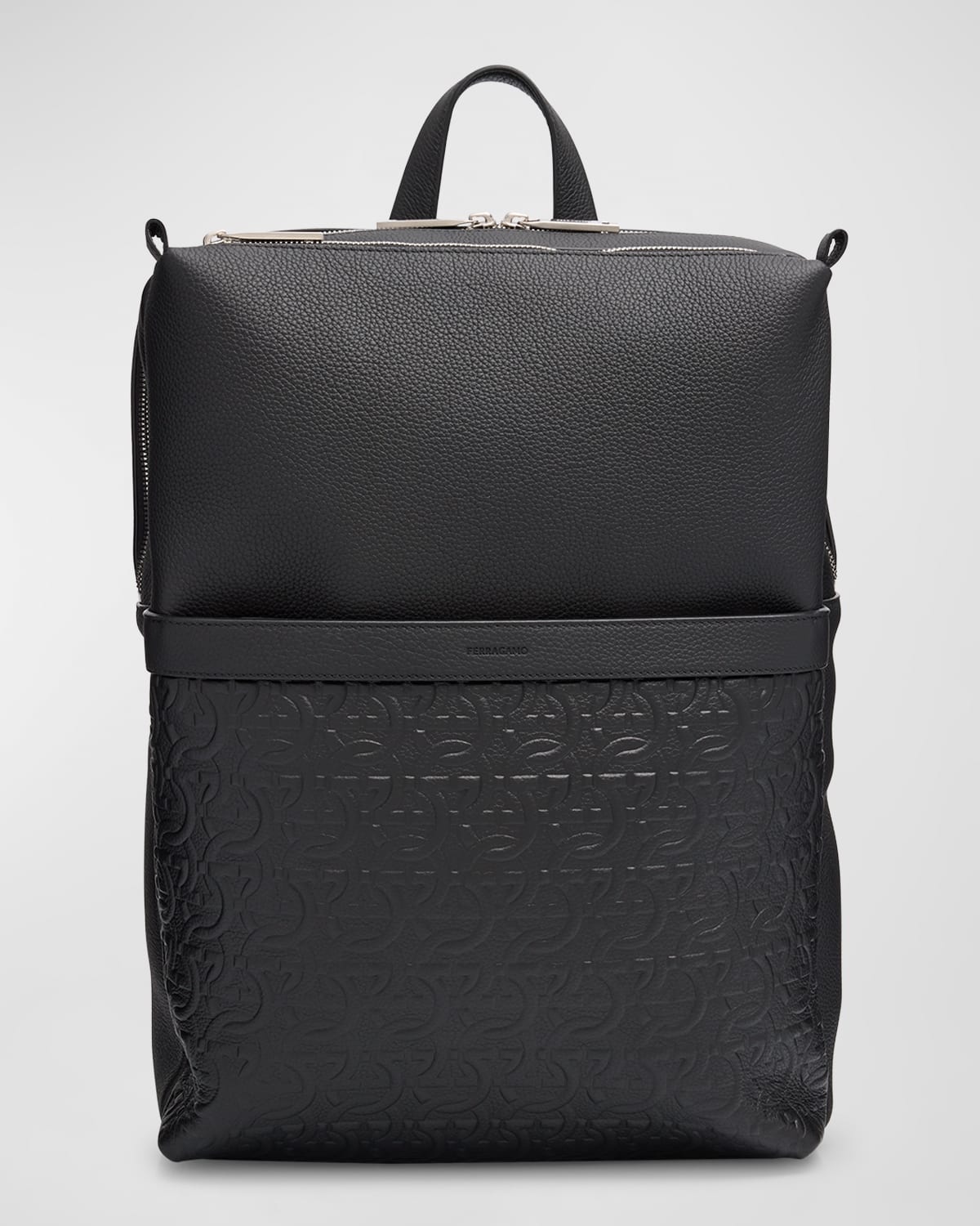 Shop Ferragamo Men's Embossed Gancini Leather Backpack In Nero