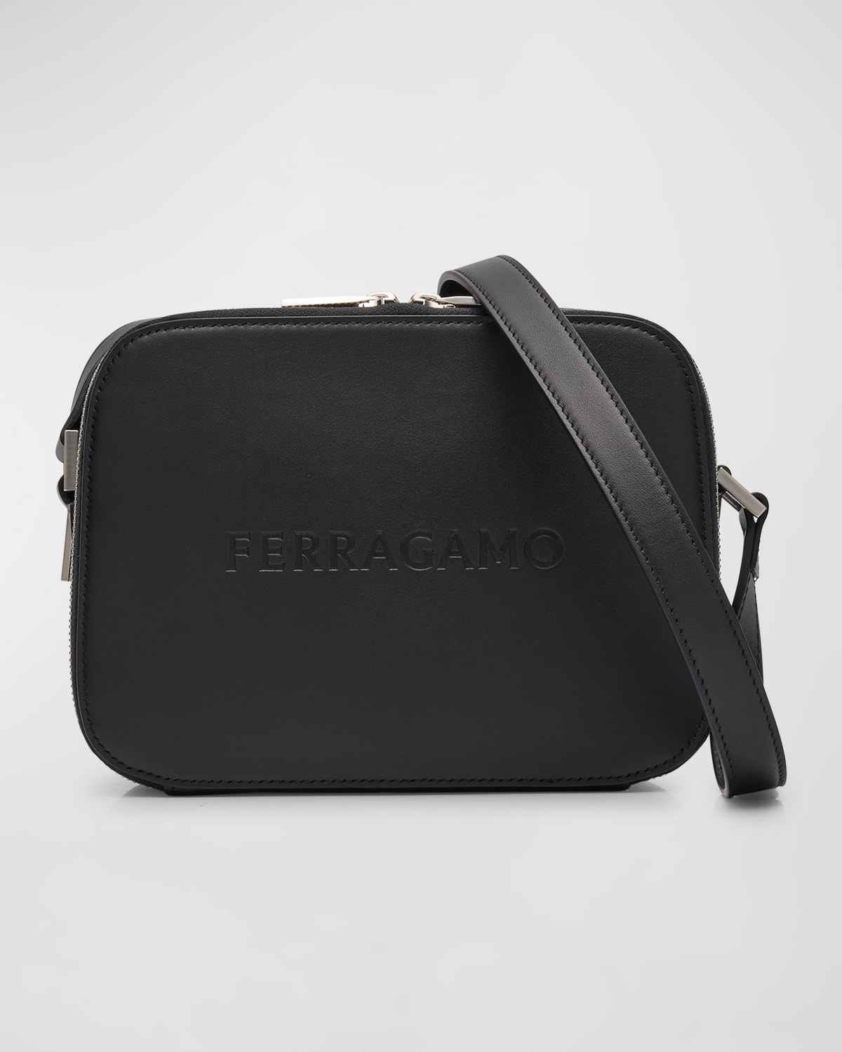 Shop Ferragamo Men's Embossed Logo Leather Crossbody Bag In Nero