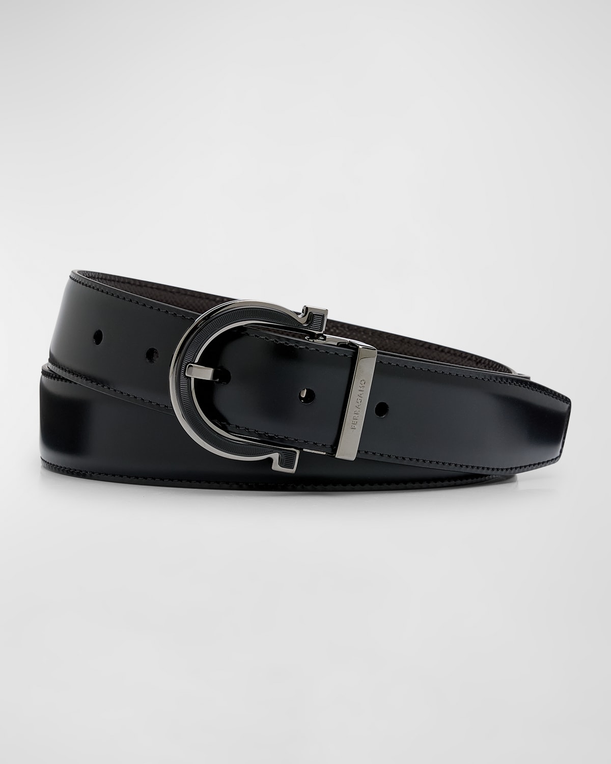 Ferragamo Men's Reversible Gancio-buckle Leather Belt In Nero