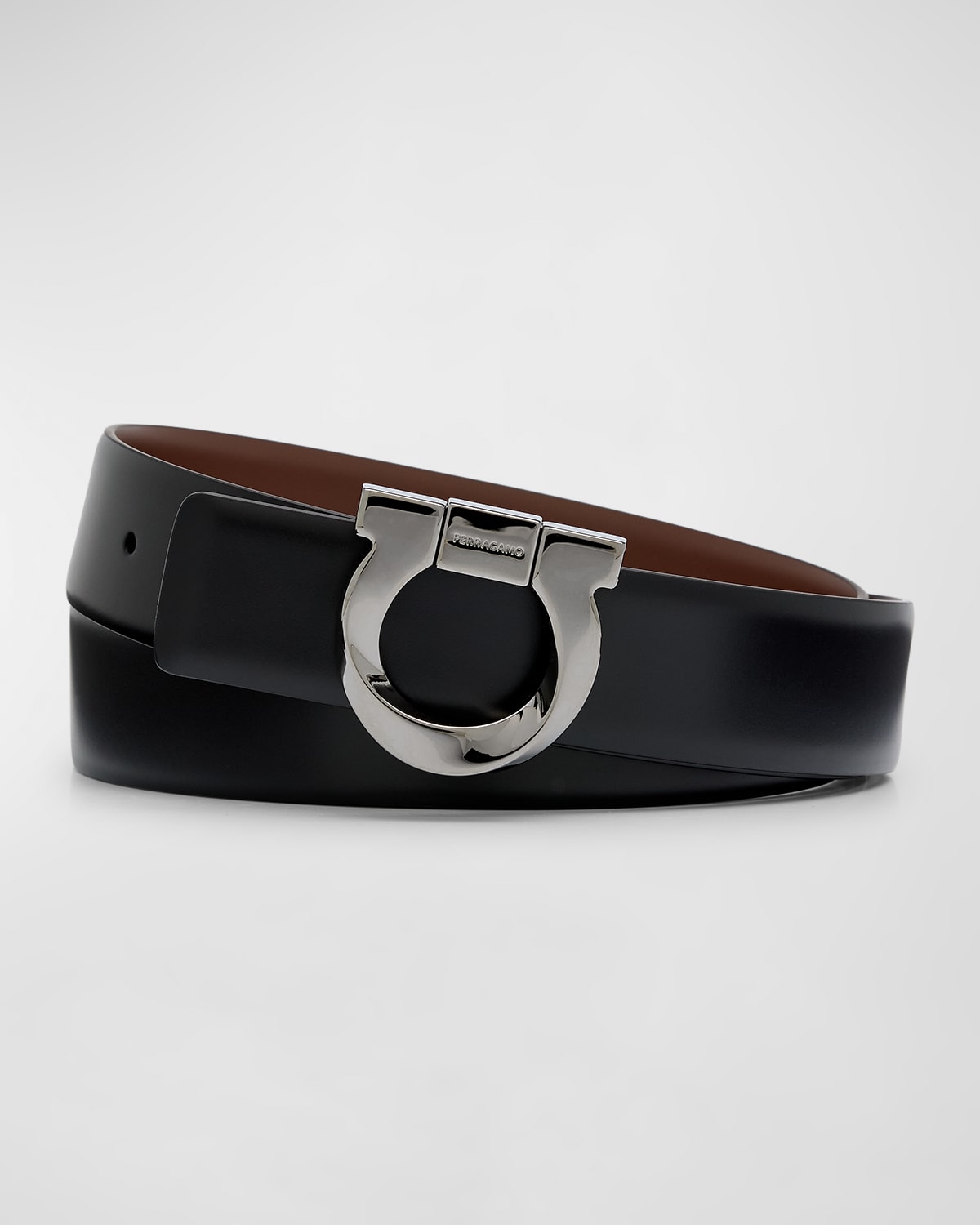 Shop Ferragamo Men's Reversible Leather Gancio-buckle Belt In Nero Cocoa Brown