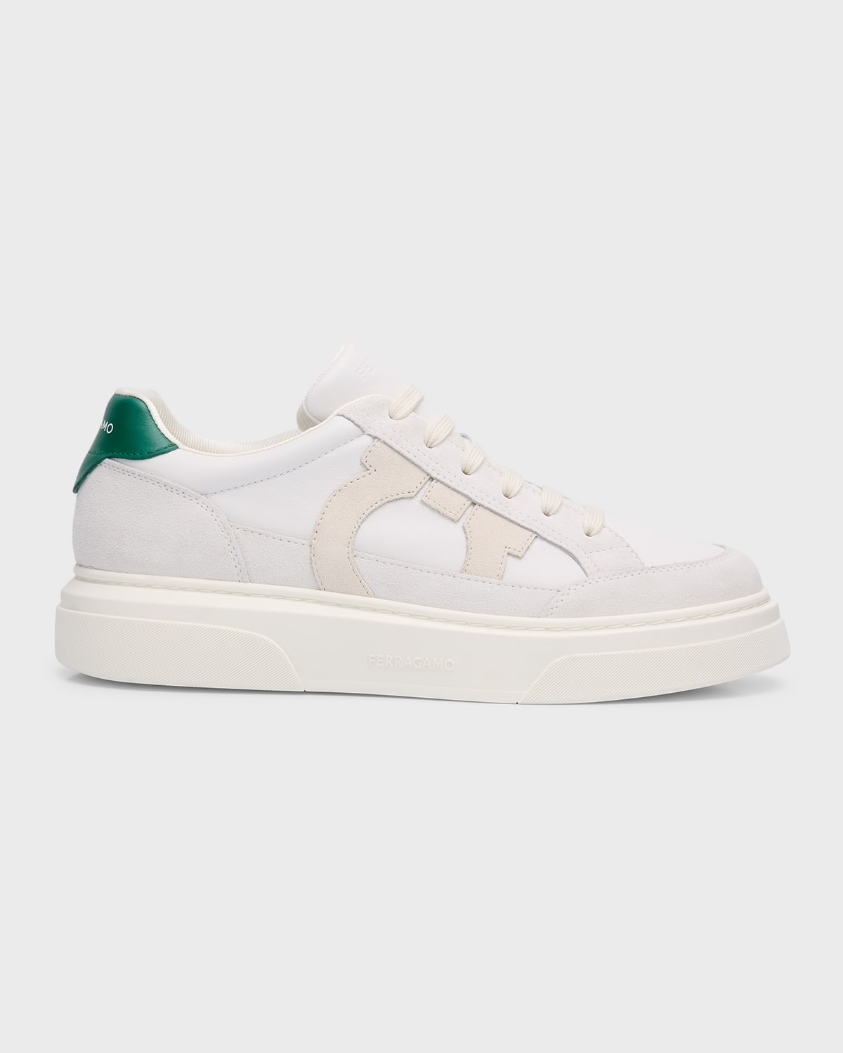 Shop Ferragamo Men's Cassina Gancio Leather Low-top Sneakers In Bianco Ott