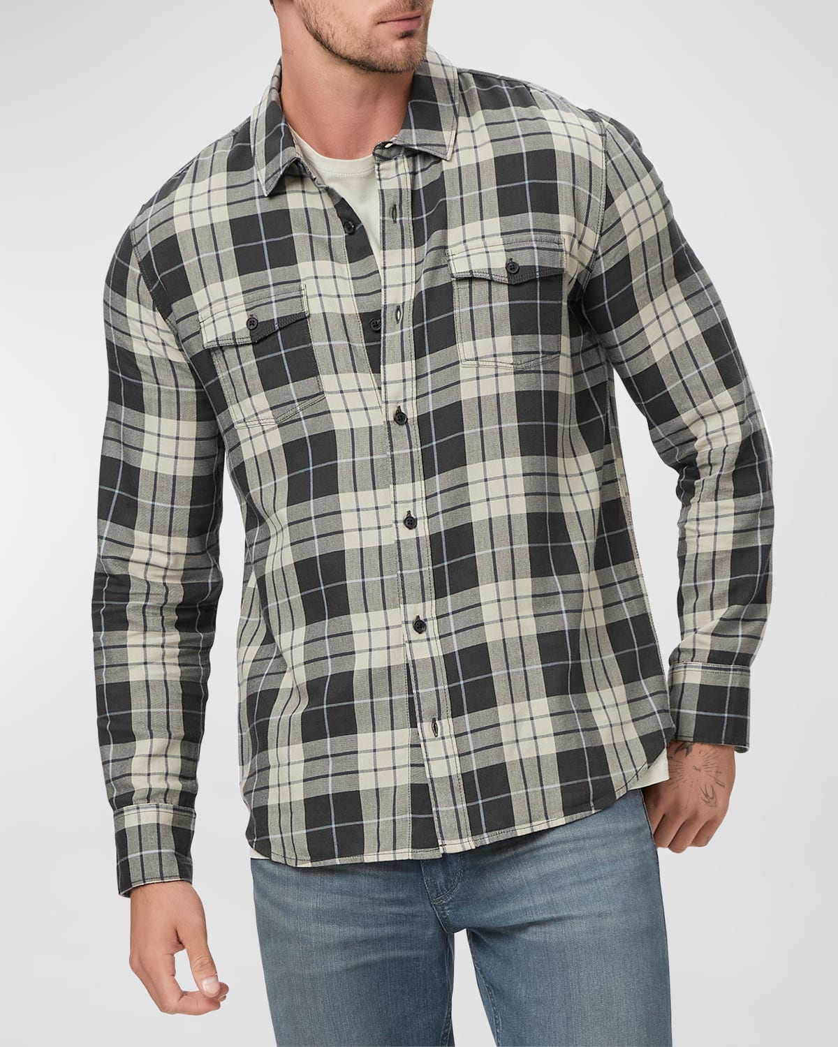 Paige Everett Plaid Flannel Button-up Shirt In Midnight Coin