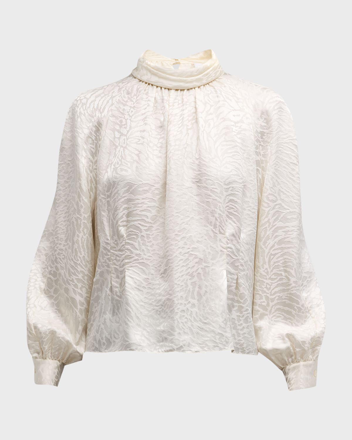 Frame Foldover Mock Neck Jacquard Silk Blouse In Off White