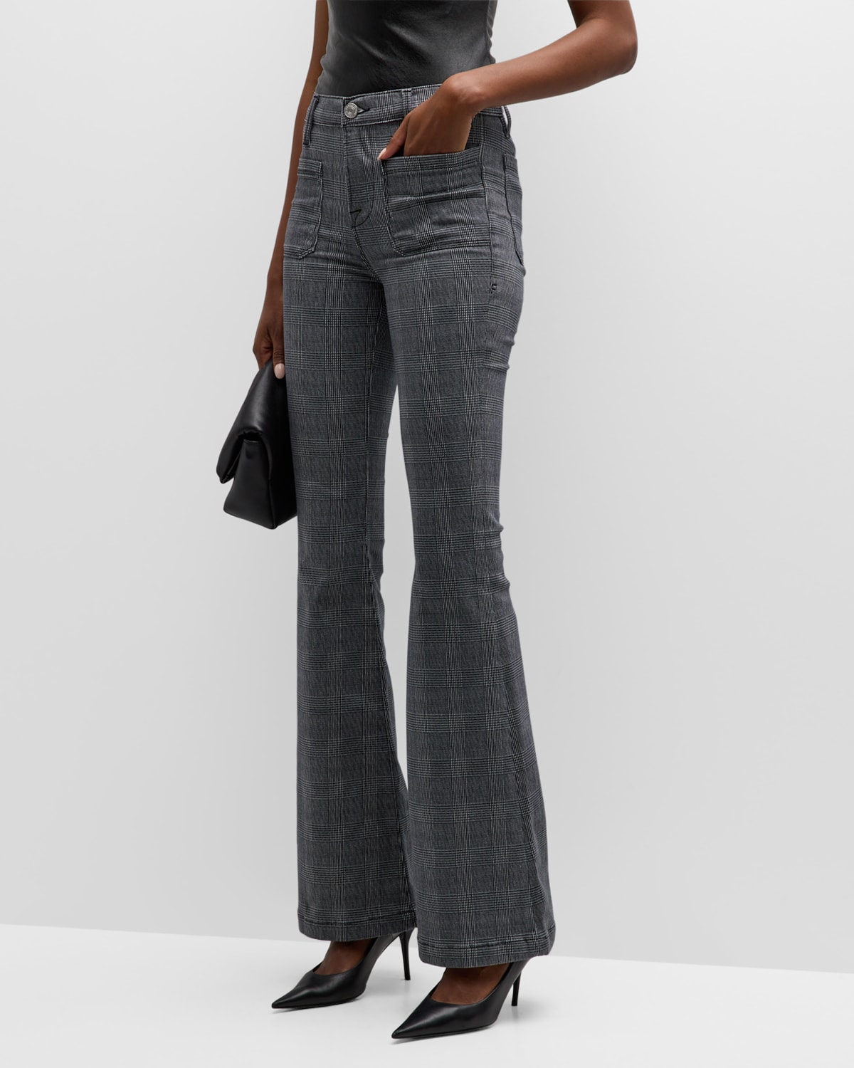 Frame Le Bardot Plaid Flare Trousers In Noir Multi