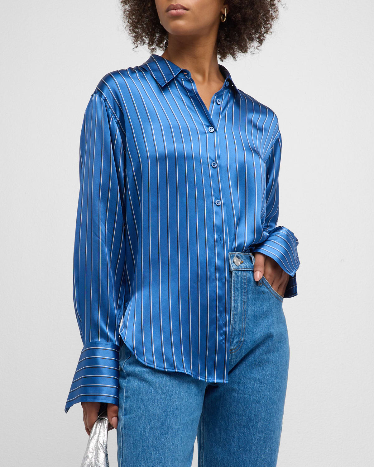 Shop Frame The Standard Silk Button-front Shirt In Slate Blue Multi