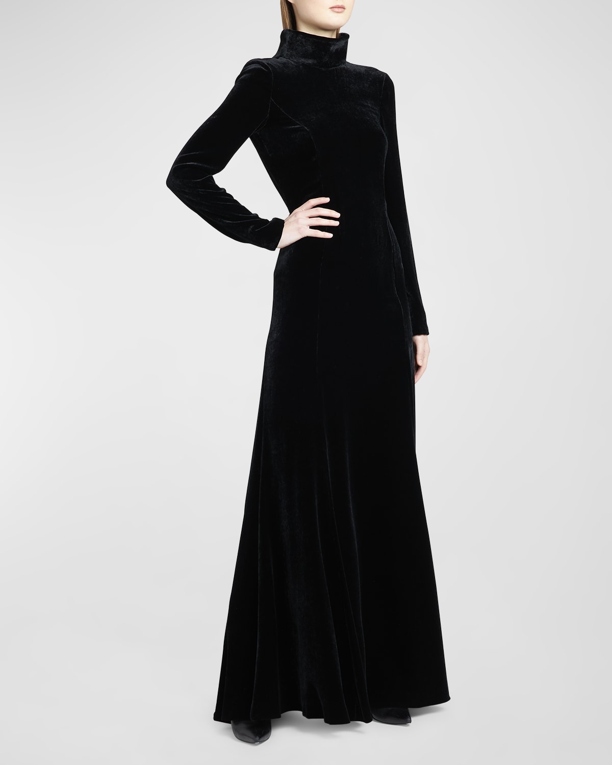 ALBERTA FERRETTI MOCK-NECK STRUCTURAL OPEN-BACK VELVET GOWN