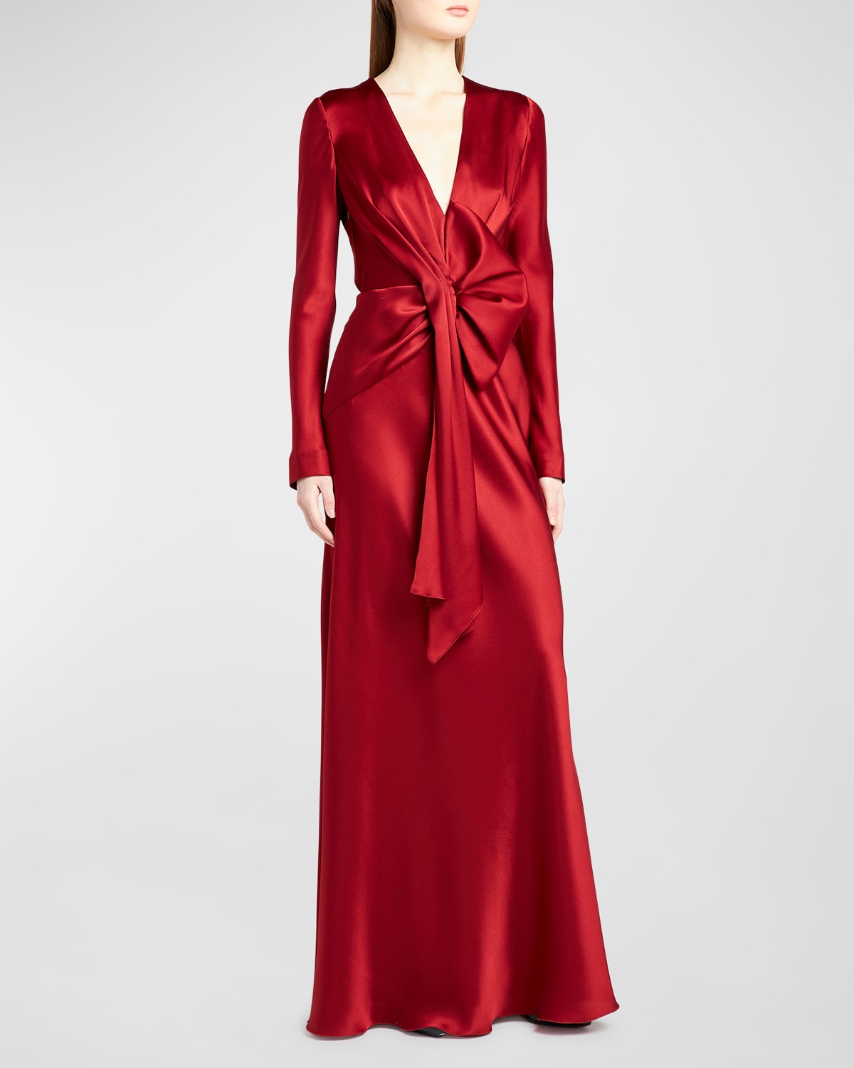 Draped Bow Long-Sleeve Satin Gown