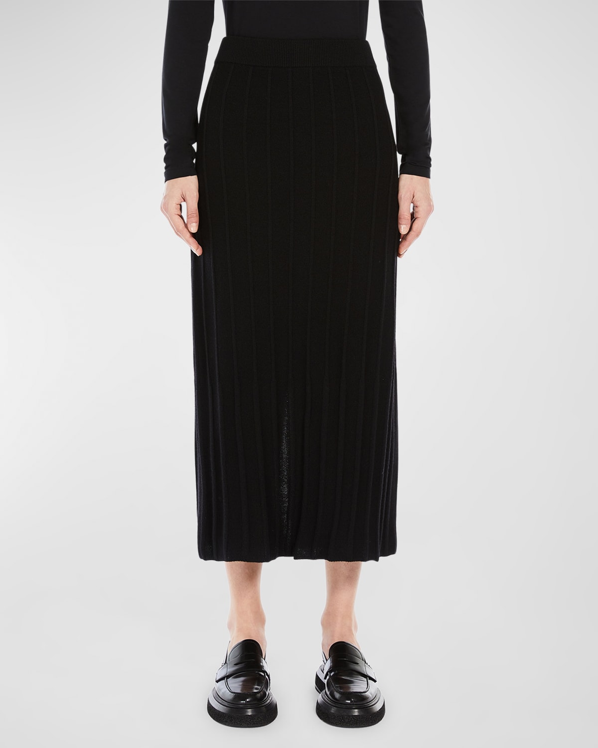 Max Mara Ribbed Knit Straight Wool Midi Skirt In Black