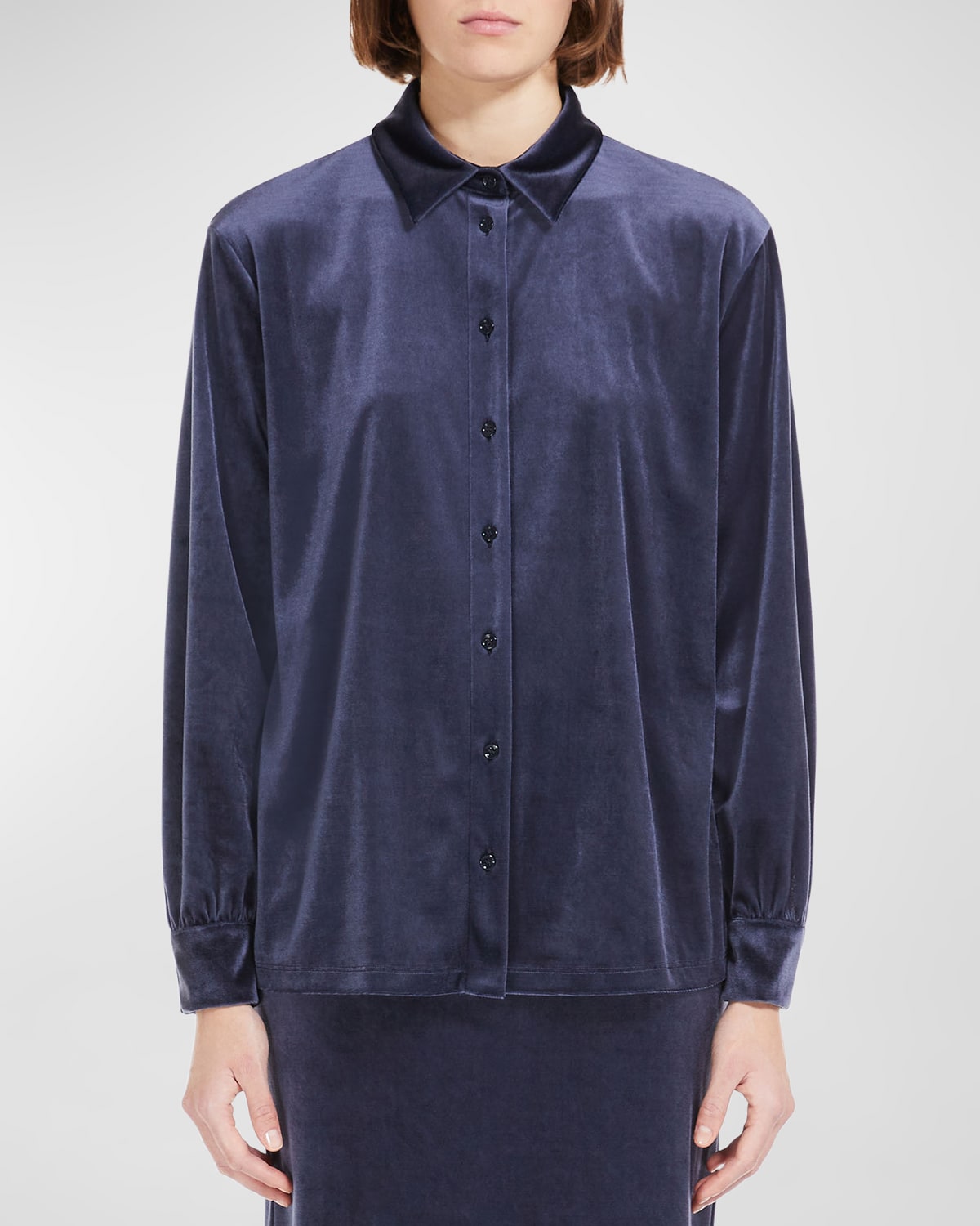 Shop Max Mara Button-down Velvet Blouse In Navy