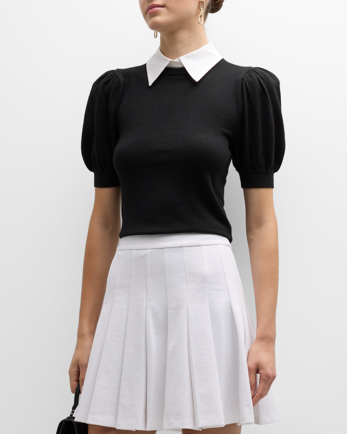 Shop Alice And Olivia Chase Puff-sleeve Sweater With Detachable Collar In Blackwhite