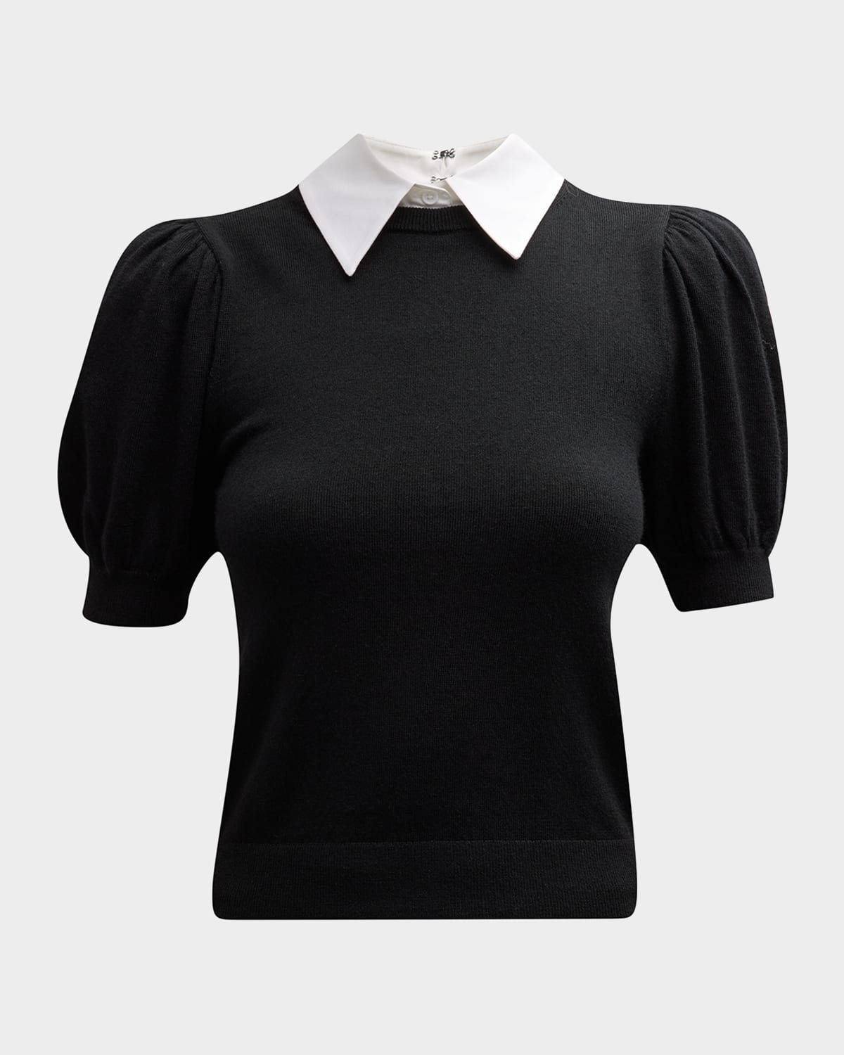 Alice And Olivia Chase Puff Sleeve Wool Blend Sweater With Removable Collar In Blackwhite