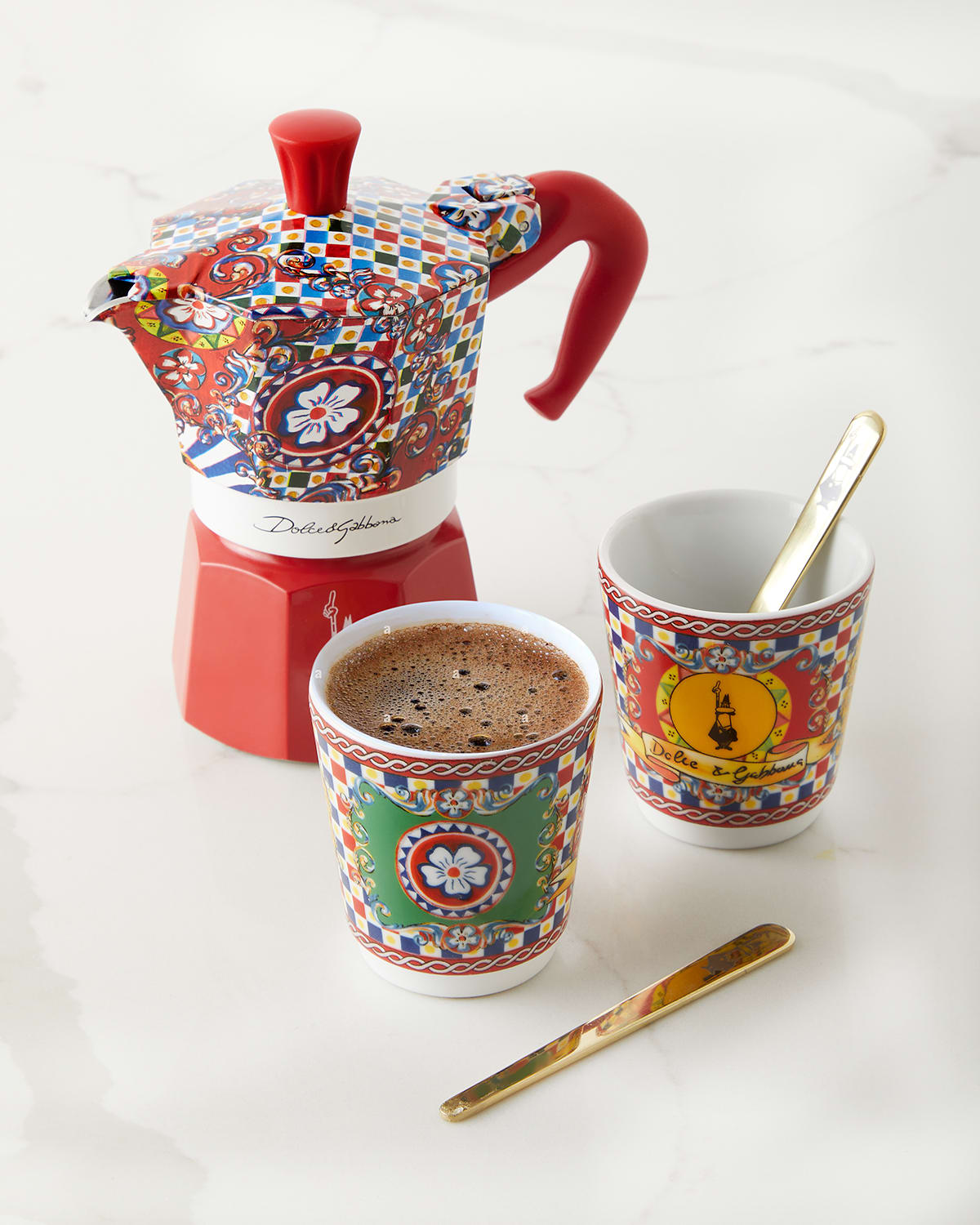 Bialetti X Dolce & Gabbana 2 Cup Moka Pot With Porcelain Cups And Golden Stirrers In Multi