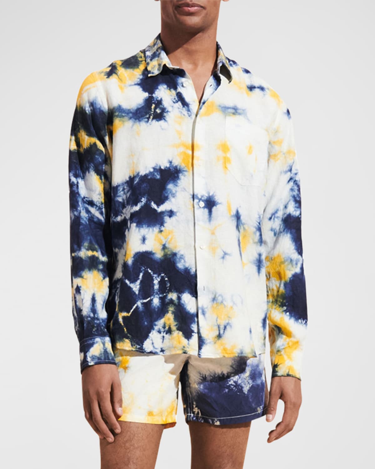 Shop Vilebrequin Men's Tie-dye Linen Sport Shirt In Navy