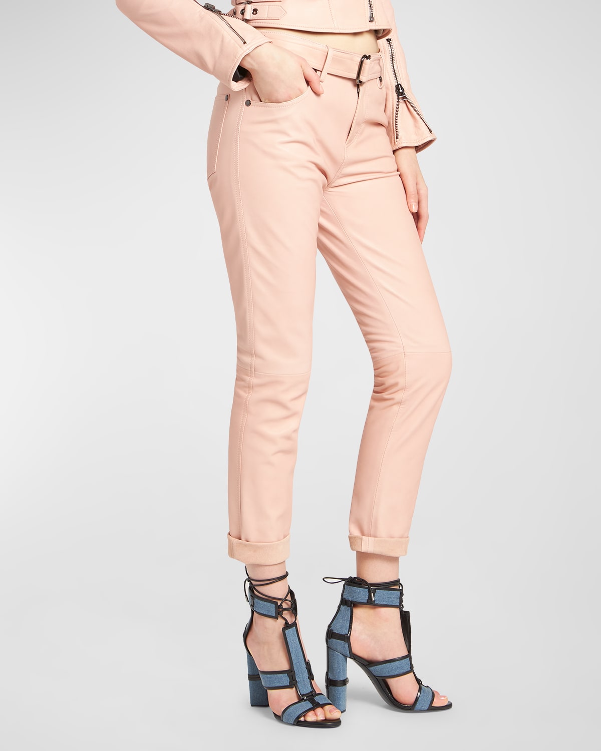 Belted Leather Straight-Leg Ankle Boyfriend Pants