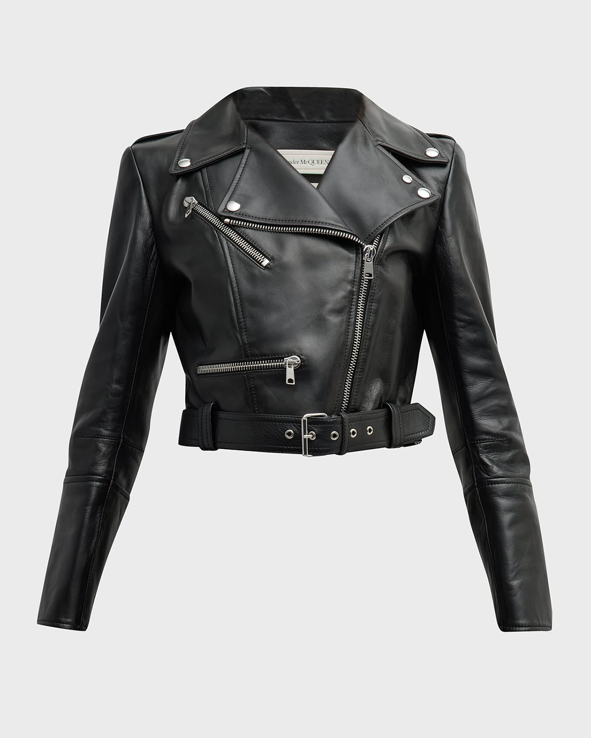 Shop Alexander Mcqueen Belted Crop Leather Moto Jacket In Black